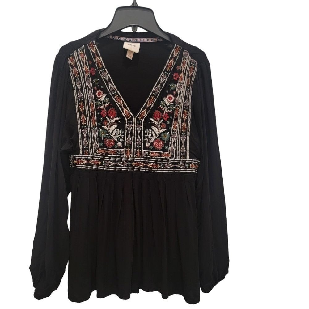 Knox Rose Small‎ Boho Embroidered Peasant Cottage Floral Longsleeve Flowy Top